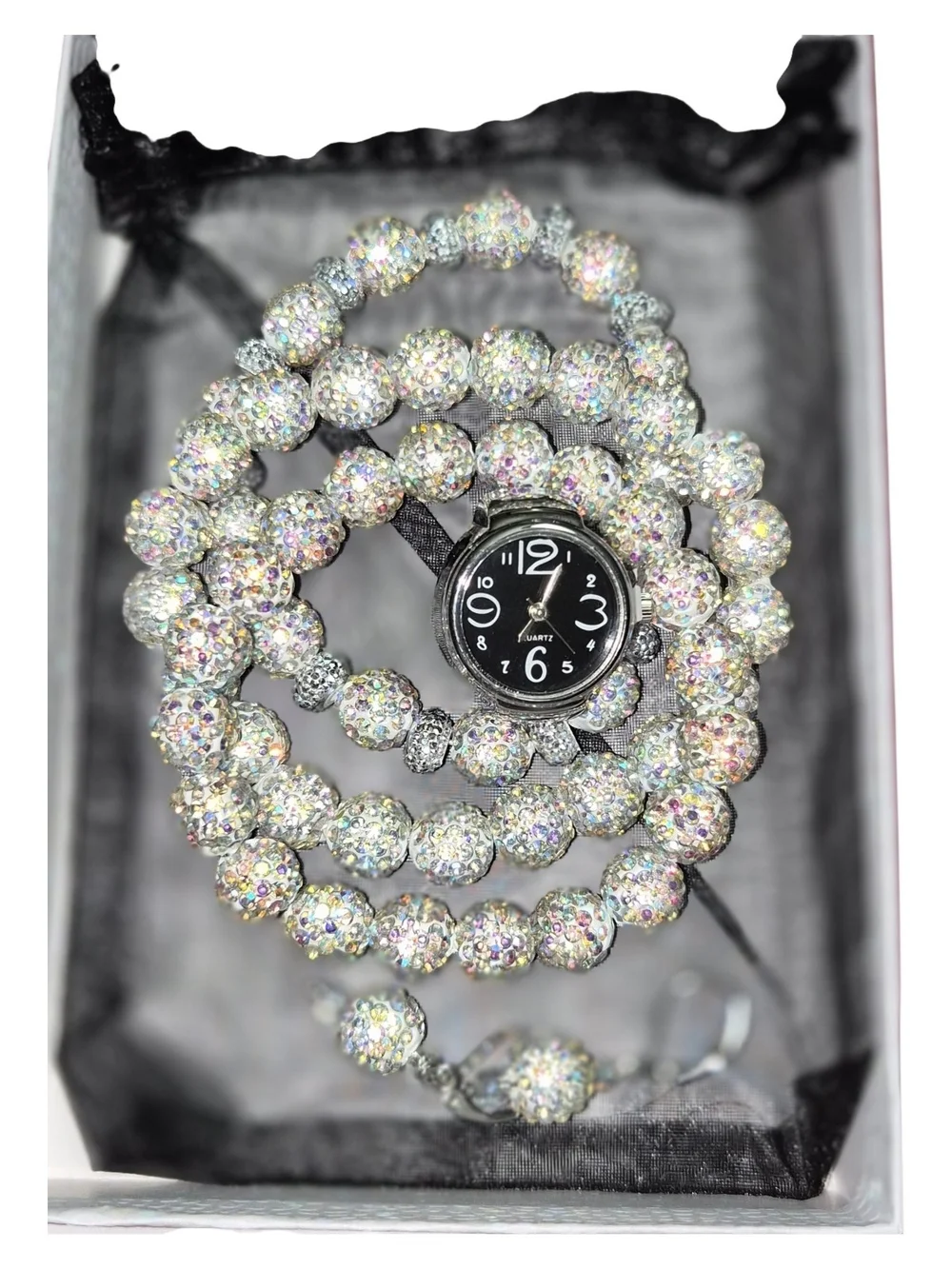 Crystal Beaded Bracelet in Iridescent White.Earrings And Fingerring Watch.